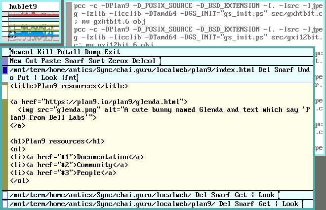 A Plan9 desktop showing this page edited in Acme. A terminal doing compilation in the background window.